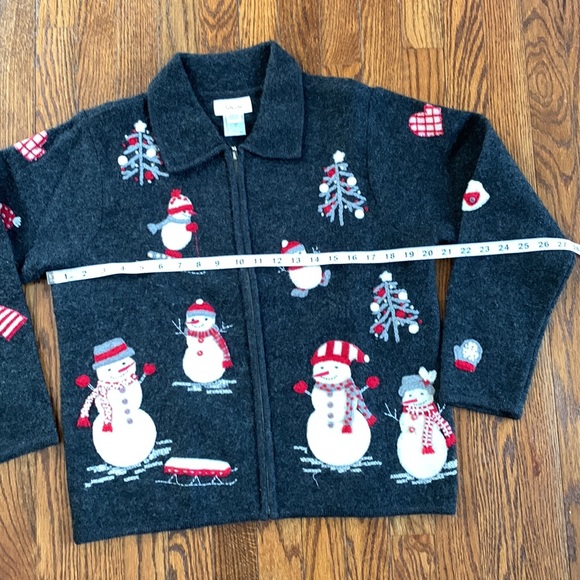 TALBOTS | Snowman Holiday Zippered Cardigan, Charcoal Grey w/ Appliqués | Sz M - Picture 2 of 12